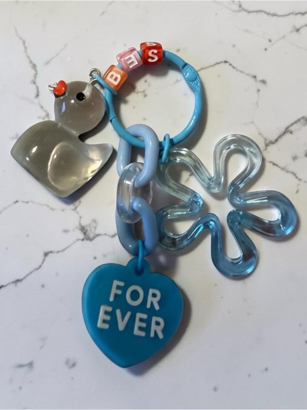 Blue 'FOR EVER' Heart Kids Charm Keyring with Duck and Flower Charms